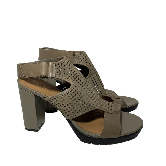 Clark's Artisan -- Taupe Laser Cut Chunky Heels Size 7.5 - Picture 1 of 12
